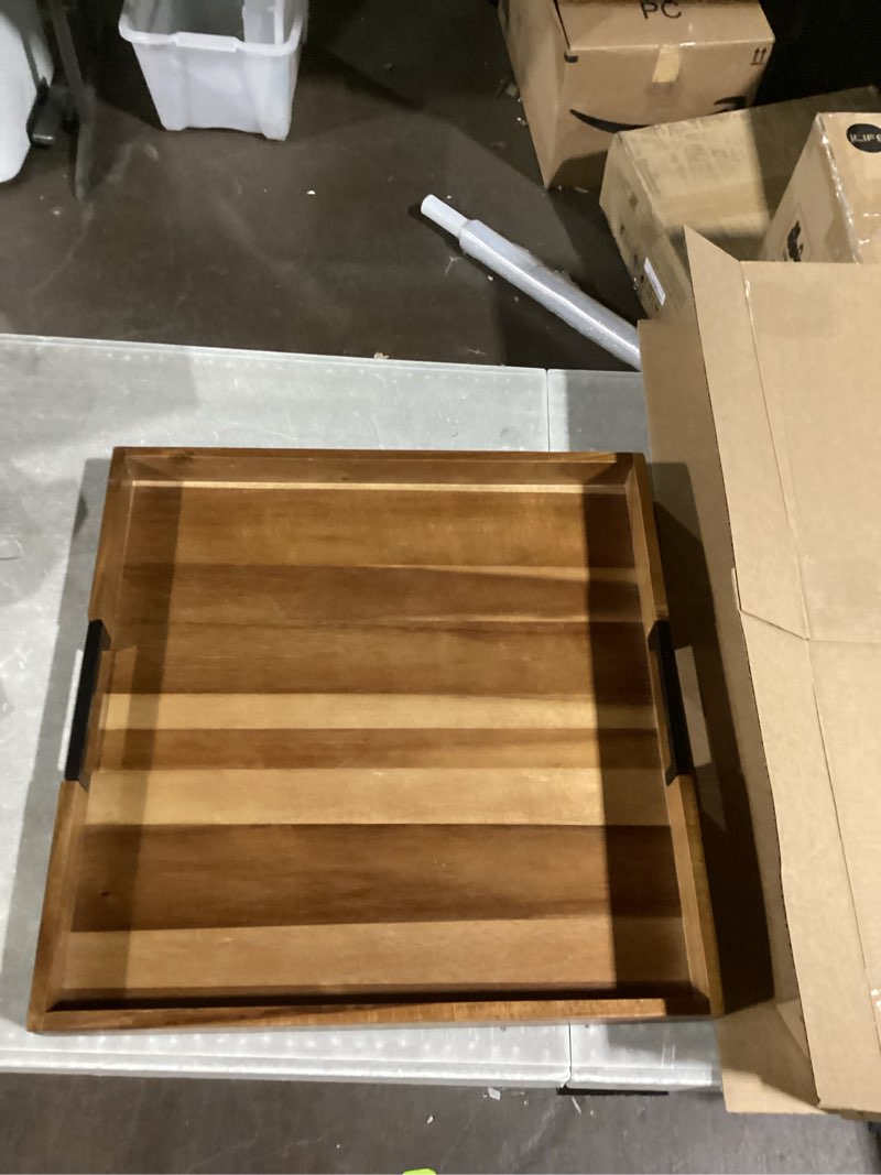 Condition photo showing Good Condition for Large Square Ottoman Tray for Living Room and Coffee Table 20 Inch Decorative Acacia Wood Serving Tray with Handles for Breakfast in Bed, Dinner Food Kitchen TV (Natural, 20" x 20" x 2") Natural 20" x 20" x 2"