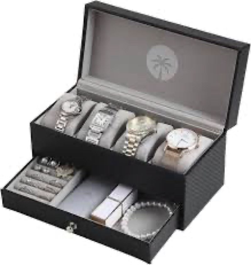 Life and Breeze Jewelry Box – 2 Tier Black Watch and Jewelry Box for Women and Men with 4 Watch Slot