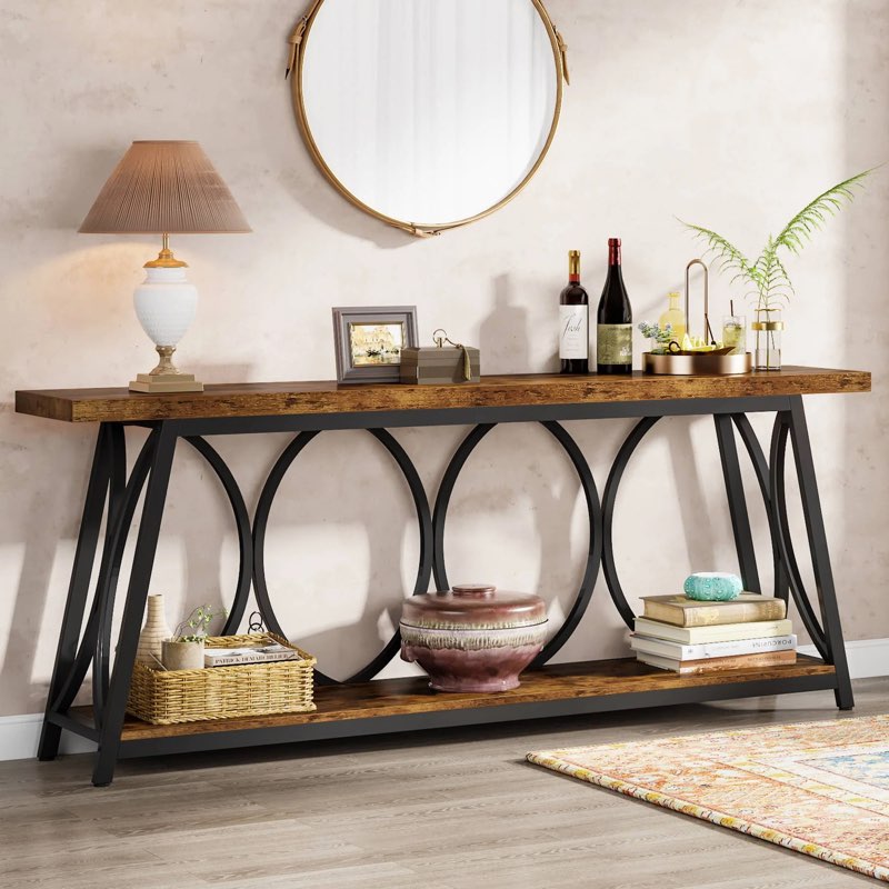 2-tier console table, 70.9" industrial sofa table behind couch with shelves