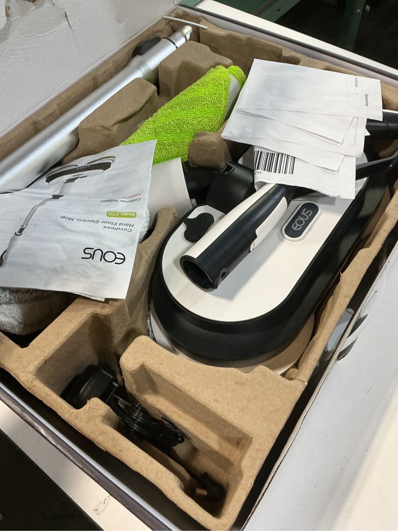 Condition photo showing As Is for Cordless Electric Mop, Floor Cleaner with LED Headlight & Water Sprayer, Up to 60 Mins Detachable Battery, Dual-Motor Powerful Spin Mop, 300ML Water Tank for Multi-Surface, Self-Propelled White