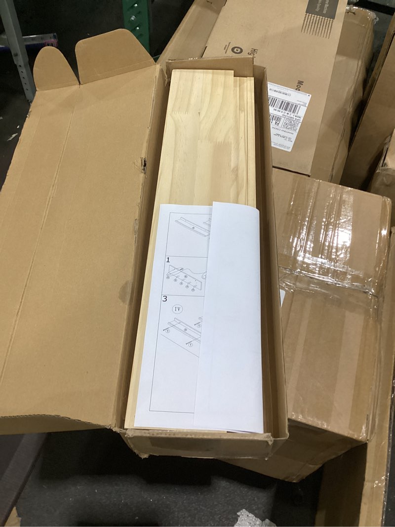 Condition photo showing As Is for MBYD Natural Wood Floating Shelves, Unfinished Wood Picture Ledge, 24 Inch Picture Ledge for Kids Room, Floating Nursery Book Shelf with Hooks for Living Room, Kitchen, Bathroom Natural 24 Inch