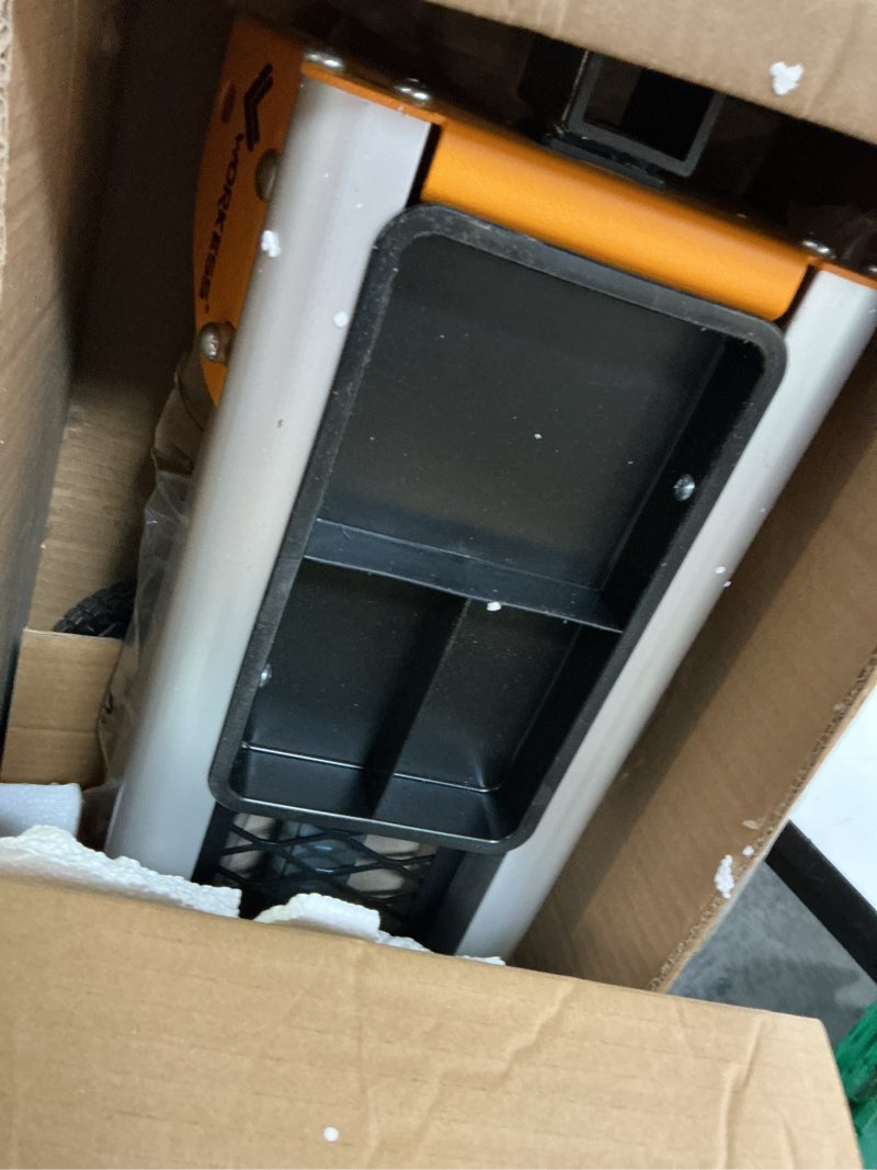 Condition photo showing As Is for portable miter saw stand with 6.75 in wheels 330 lbs load capacity heavy duty universal mitre saw stand tool storage trays wk-ms080