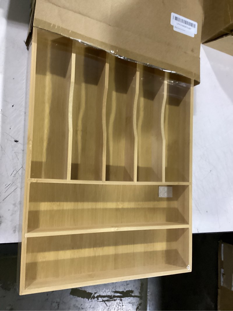 Condition photo showing Good Condition for upassion bamboo kitchen drawer organizer, 13 inch silverware organizer with extra-deep grooved divider, 7 slots pure bamboo wood caddy for flatware cutlery knives, forks, spoons 13 x 17 inch (7 slots)
