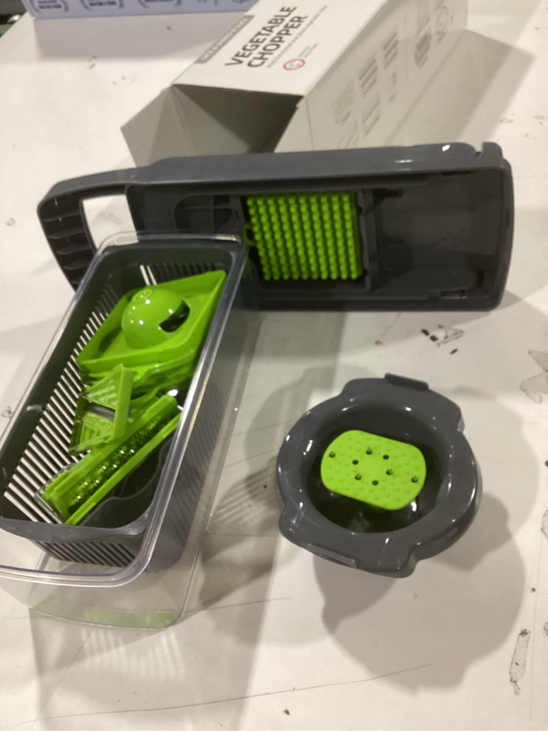 Condition photo showing Good Condition for Vegetable Chopper Dicer with Container | Cheese Grater Mandoline Slicer Cabbage Shredder French Fry Cutter Stainless Steel for Veggie Onion Potato Fruit Food, Manual Hand Cooking Gadget for Kitchen Gray 8 Blades