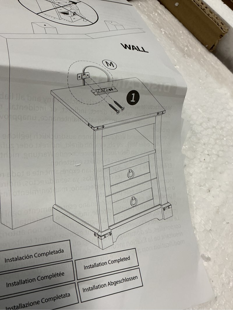Condition photo showing As Is for aitjunz 66cm high bedroom cabinet with 2 drawers, 60cm wide farmhouse chest of drawers with charging station, rustic wooden side table with roman column, nightstand for