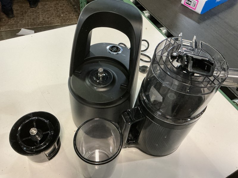 Condition photo showing As Is for juicer machines, 3-in-1 cold press juicer with 6.5" extra large chute, 100oz large capacity, ac motor, makes juice, nut milk & sorbet, premium gray
