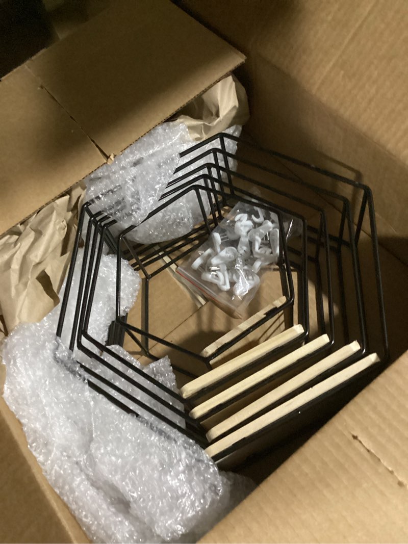 Condition photo showing Good Condition for wall mounted hexagonal floating shelves black set of 5 in different sizes, modern metal shelf, simple wood partition storage shelves, decor rack for bedroom, living room, kitchen and office