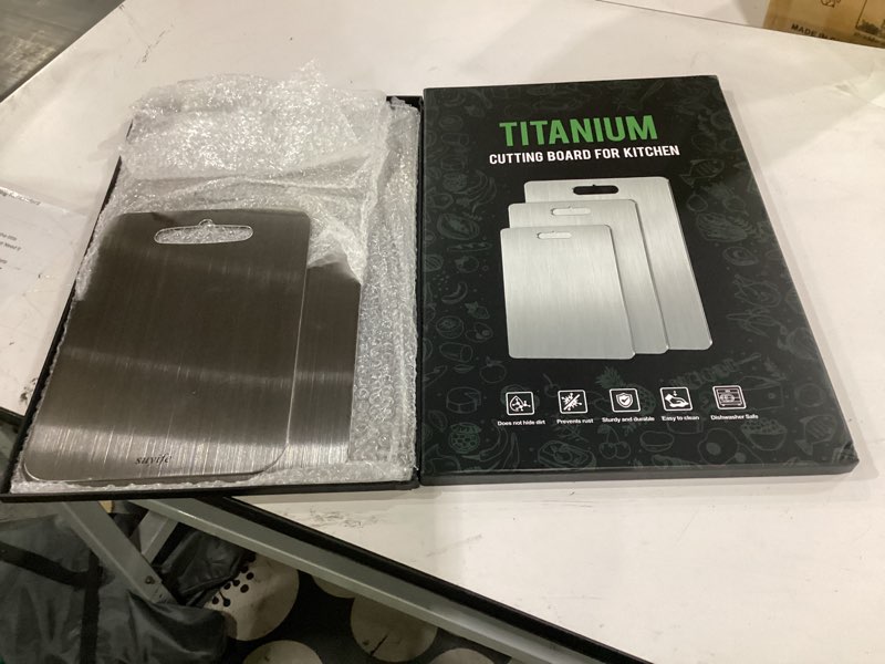 Condition photo showing Good Condition for titanium cutting board set of 3,100% pure titanium cutting boards for kitchen, double sided food-grade chopping board for cutting meat vegetable fruit, dishwasher safe 11.5" x 8"+14"×10"+18"×12" 3