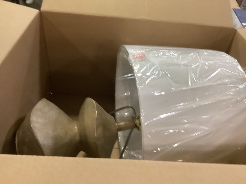 Condition photo showing New/Like New for JONATHAN Y JYL4062A 21.5" Rustic Coastal Table Lamp, Scandinavian Stacked Cairn Bedside Lamp with Brown Wood Finish and White Linen Shade for Living Room, Bedroom, Office, LED Bulb Included 21.5" Brown Wood Finish