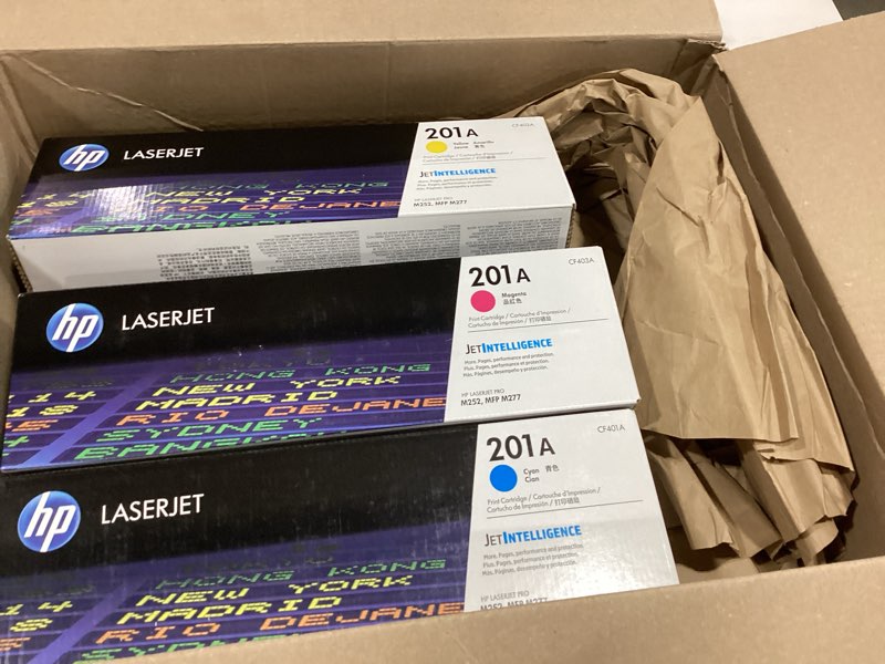Condition photo showing As Is for 201a toner cartridge 4 pack compatible replacement for hp 201a cf400a cf401a cf402a cf403a for color laser jet pro mfp m277dw m252dw m277c6 m277n m277 m252n printer (black, cyan, magenta, yellow) incomplete missing black ink cartridge
