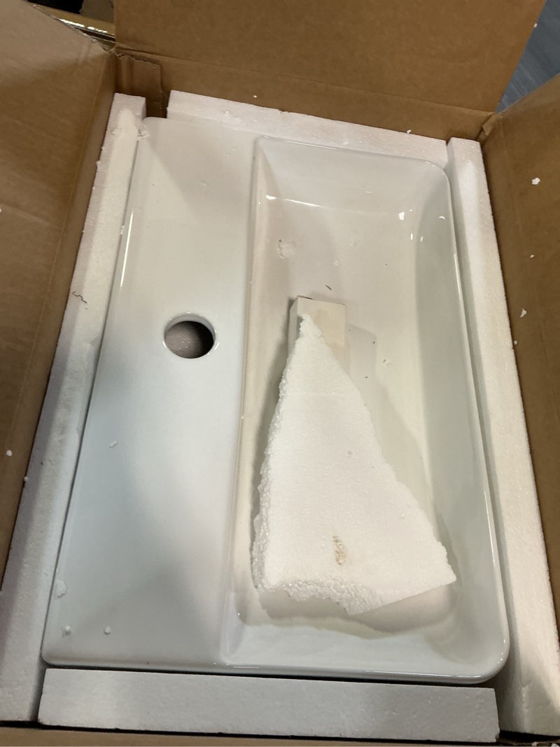 Condition photo showing Good Condition for wall mounted bathroom vessel sink, qishka 18" x 11" rectangular floating ceramic wash hand basin white wall hung vanity sink for bathroom and cloakroom white 18" x 11" x 4.3"