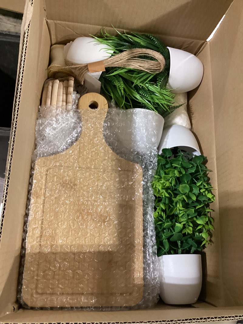 Condition photo showing Good Condition for 56 pcs baby shower prizes for game winners 6 sets bamboo cheese board fork butter spreaders coasters towel artificial potted plant thanks card gift bag for baby shower wedding bridal shower favors 6 sets bamboo square shaped