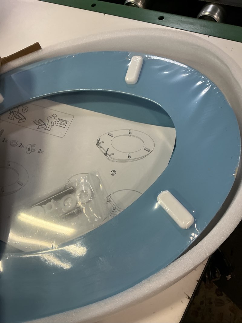 Condition photo showing Good Condition for blue elongated toilet seat natural wood toilet seat with zinc alloy hinges, easy to install also easy to clean, scratch resistant toilet seat by angol shiold (elongated, blue) elongated blue