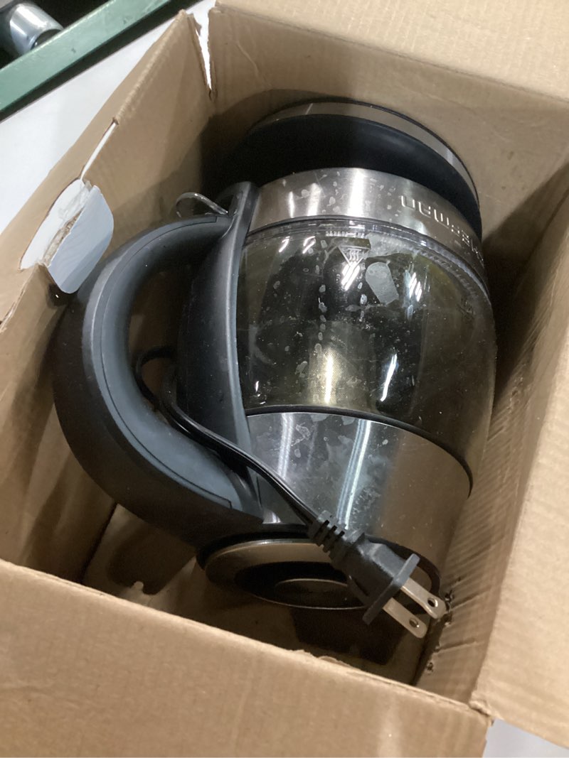 Condition photo showing As Is for CHEFMAN Electric Kettle - 1.2L 1500W Hot Water Tea Pot with Infuser, BPA Free, Auto Shut Off, Boil-Dry Protection, Removable Lid, LED Light, Cordless Glass Electric Tea Kettle – Stainless Steel 1.2L - Stainless Steel - Tea Infuser