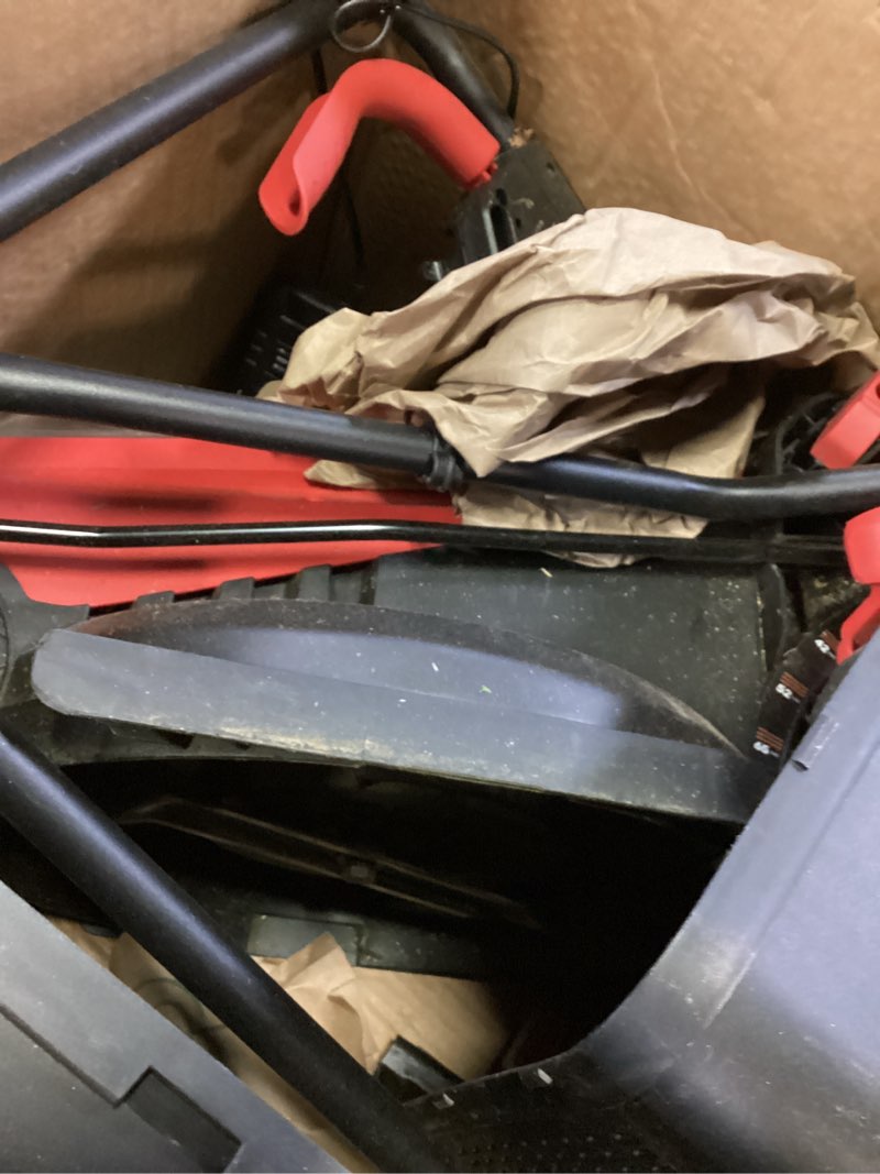 Condition photo showing As Is for mzk 20v 13" electric lawn mower, brushless cordless lawn mower with 4-position height adjustment, walk-behind push mowers with 8 gallon grass bag, 2 x 4.0ah batteries & charger included, lm13b8 red