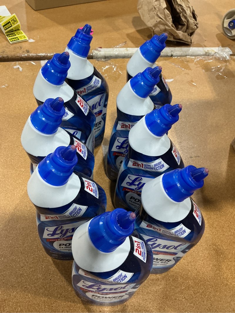 Condition photo showing New/Like New for lysol toilet bowl cleaner, max strength bathroom cleaning supplies, toilet bowl cleaner clinging gel, home essential, instant stain removal, disinfecting and deodorizing, bleach free, 24 oz (9 ct) power 24 fl oz (pack of 9)