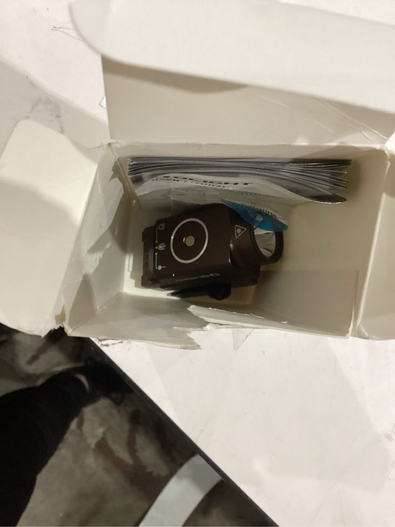 Condition photo showing As Is for OLIGHT Baldr S 800 Lumens Compact Rail Mount Weaponlight with Green Beam and White LED Combo, Magnetic USB Rechargeable Tactical Flashlight with 1913 or GL Rail, Battery Included (Desert Tan) Green Beam with White Light Combo Desert Tan