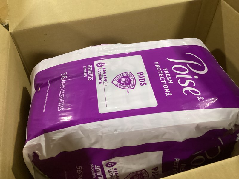 Condition photo showing As Is for poise incontinence pads & postpartum incontinence pads, 6 drop ultimate absorbency, regular length, 52 count, packaging may vary regular 52
