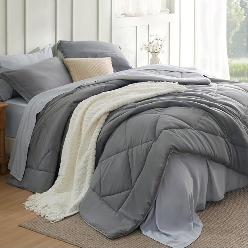 bedsure queen comforter set - 7 pieces reversible grey bedding, gentlesoft™ queen size bed set gift for family, bed in a bag with warm down alternative comforter, sheets, pillowcases & shams