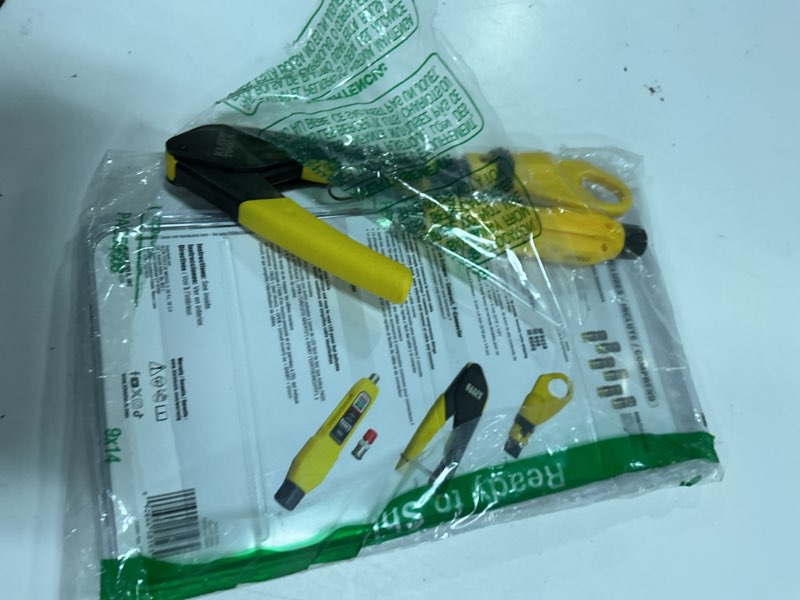 Condition photo showing As Is for klein tools vdv002-818 coax install and test kit with crimp tool, includes tester, stripper and universal f connectors prepare, connect and test, coax, f