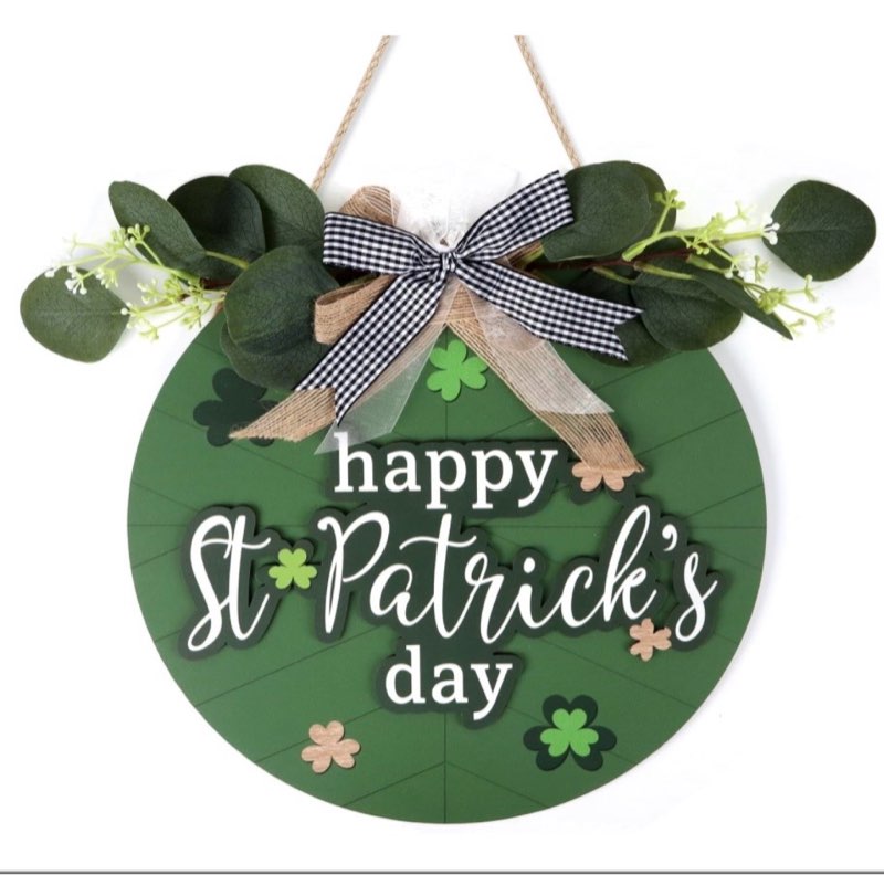 CHDITB 3D Happy St. Patrick's Day Door Wreath, Spring Green Shamrock Clover Wooden Hanging Welcome Sign,Rustic Irish Lucky St. Paddy's Day Wall Decor for Front Door Porch Farmhouse(12"x 12")