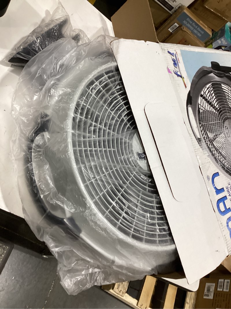 Condition photo showing Good Condition for man 20-inch floor fan, gray and black, high-velocity air circulator, adjustable tilt, indoor cooling, for garage, home, gym and office