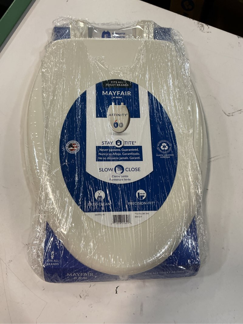 Condition photo showing New/Like New for mayfair aurora slow close toilet seat, easy clean hinges and adjustable perfect fit plastic seat, made in usa, elongated, biscuit