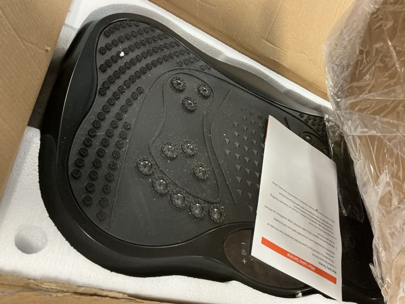 Condition photo showing As Is for vibration plate exercise machine, 130 levels full body workout vibrating plate for lymphatic drainage weight loss, 450 lbs capacity shake platform with resistance bands bluetooth for women men