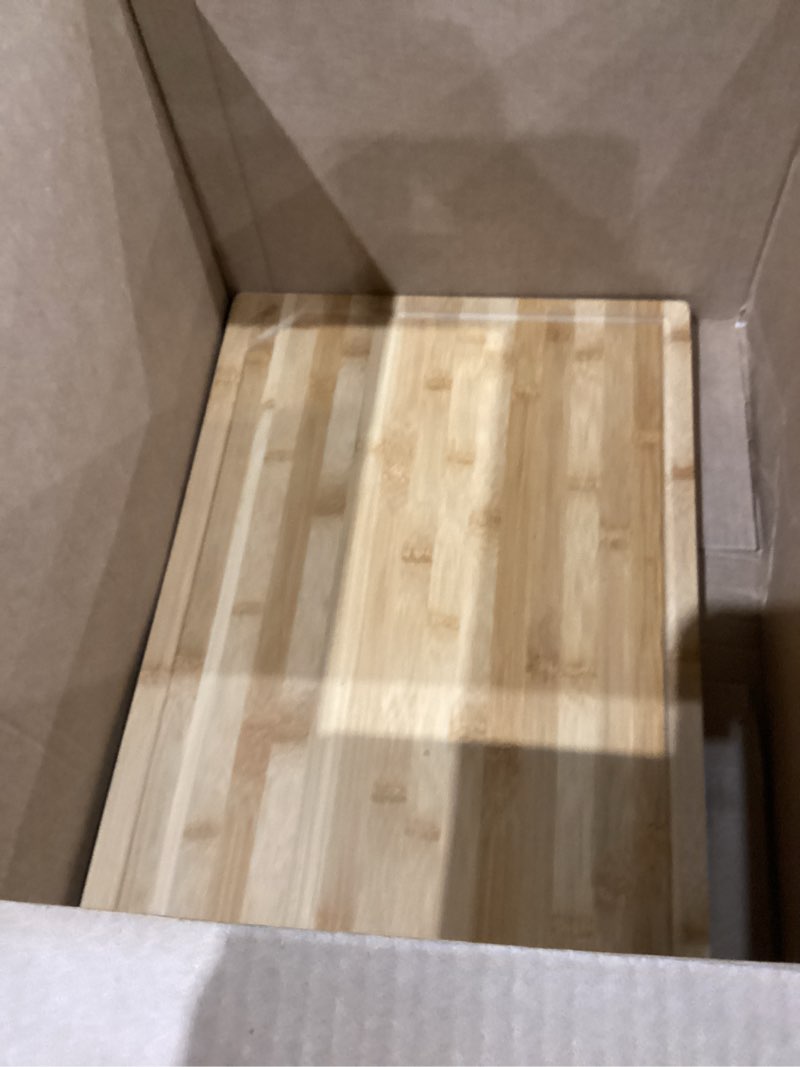 Condition photo showing As Is for Bamboo Cutting Boards for Kitchen, Extra Large Wood Cutting Board with Deep Juice Groove and Handle Heavy Duty Chopping board, Kikcoin, 20" x 14" 19.9"L x 14"W