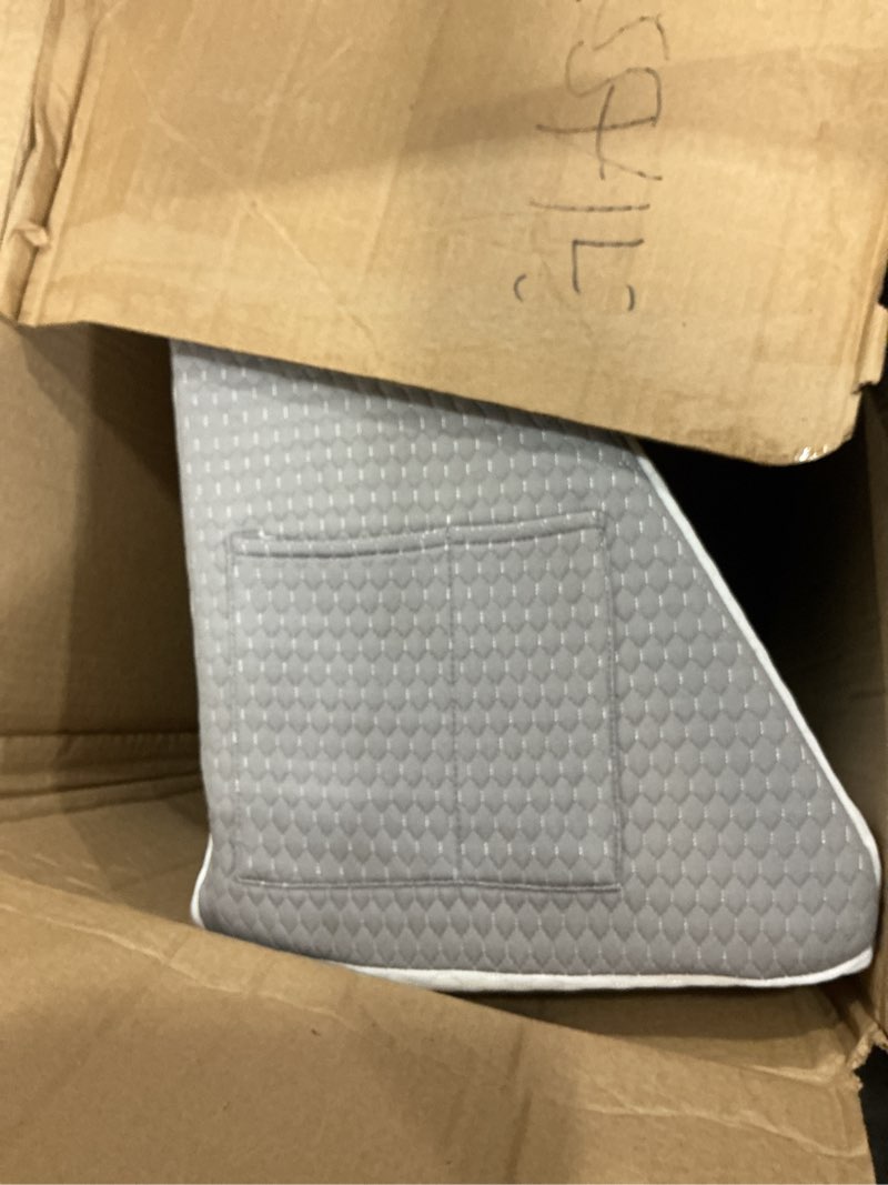 Condition photo showing As Is for bedluxe wedge pillow, 12 inch bed wedge pillow for headboard, pillow wedge for acid reflux relief, sleeping, after surgery, snoring, gerd, triangle pillow wedge - cooling memory foam top, white/grey 24*24*12 inch white grey