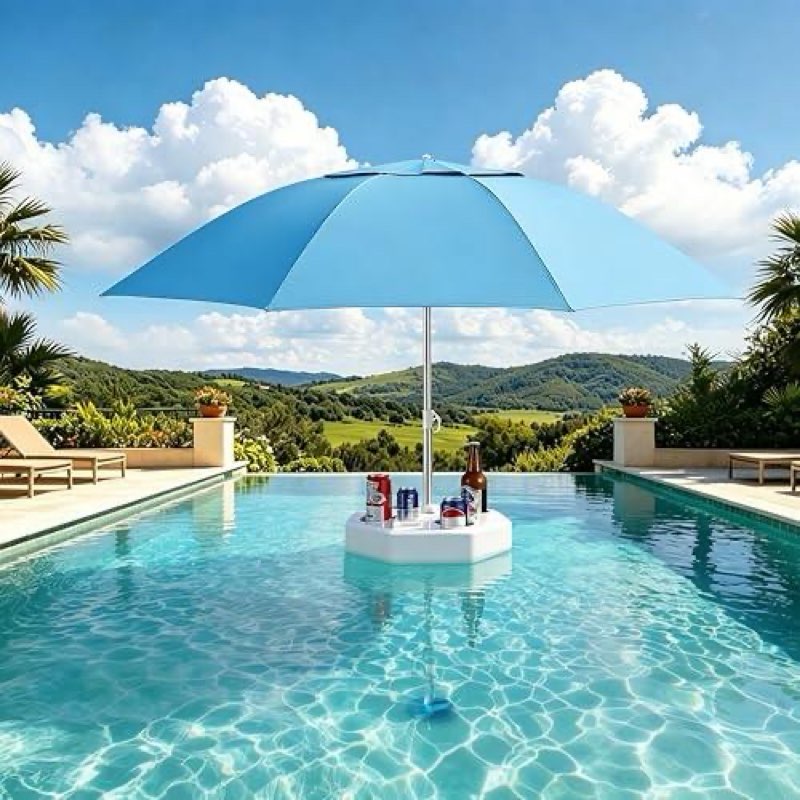 Condition photo showing As Is for floating pool umbrella with weighted base, rust-proof aluminum pole | blocks up to 98% of harmful uv rays, features removable polygon floating table, ideal for pools, beaches & outdoor lakes