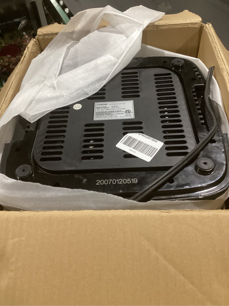 Condition photo showing As Is for (parts only) cosori 9-in-1 turboblaze air fryer 6 qt, premium ceramic coating, 90°–450°f, precise heating for even results, air fry, roast, bake, broil, dry, frozen, proof, reheat, keep warm, 120v, light gray light gray 6qt