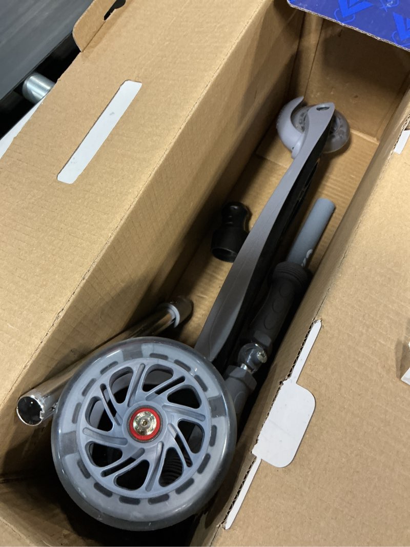 Condition photo showing Good Condition for gray mini 3 wheel scooter for kids – lean-to-steer kick scooter with led light-up wheels, adjustable handlebar, wide anti-slip deck, smooth pu wheels, rear foot brake – suitable for ages 2+