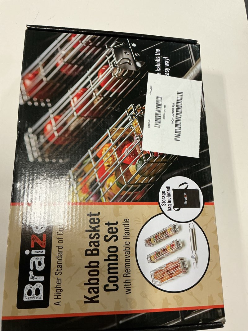 Condition photo showing New/Like New for Large Kabob Grilling Basket with Removable Handle. Stainless Steel construction with a Larger Capacity (12 x 2 x 2) and secure easy latch lid. (3-Piece Set – Bag & Sponges Included)