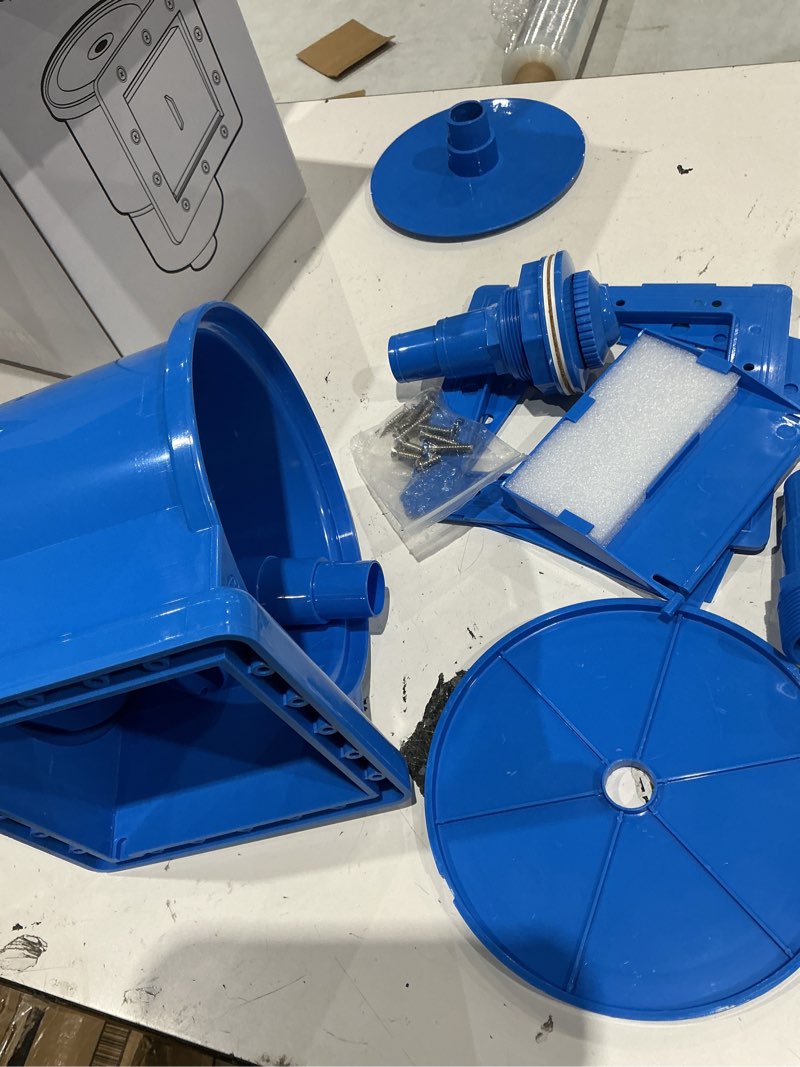Condition photo showing As Is for above ground pool skimmer, heavy duty through-wall mount pool skimmer kit with accessories, universal fit for standard wall openings, klein blue in-wall surface skimmer includes leak-free teflon tape