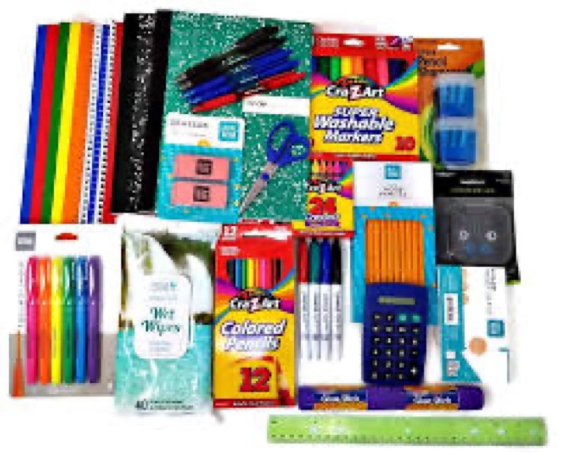 mixture of office and school supplies. paper, pencils, notebooks, etc.