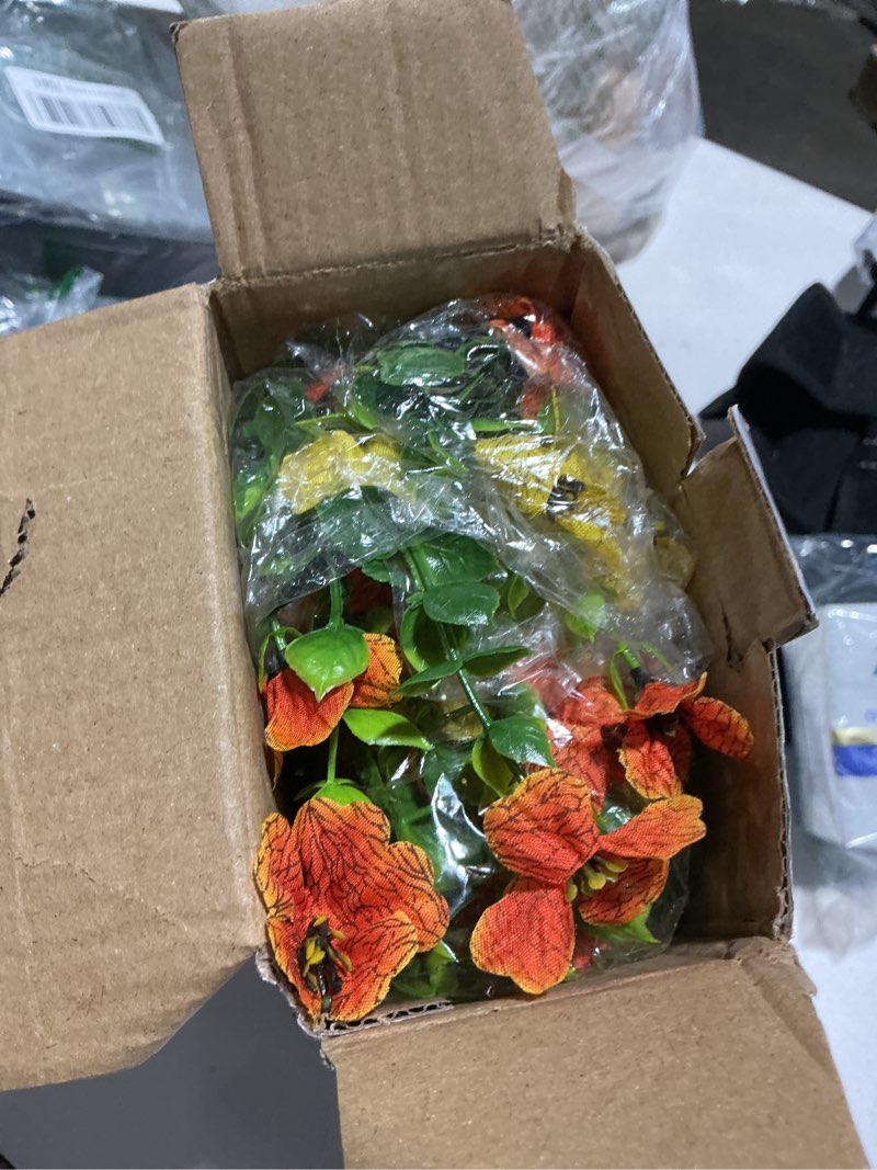 Condition photo showing As Is for 4pcs artificial hanging flowers for outdoors summer decoration, upgrade uv resistant faux silk hanging plants for outside home planter porch patio decor (orange&yellow)