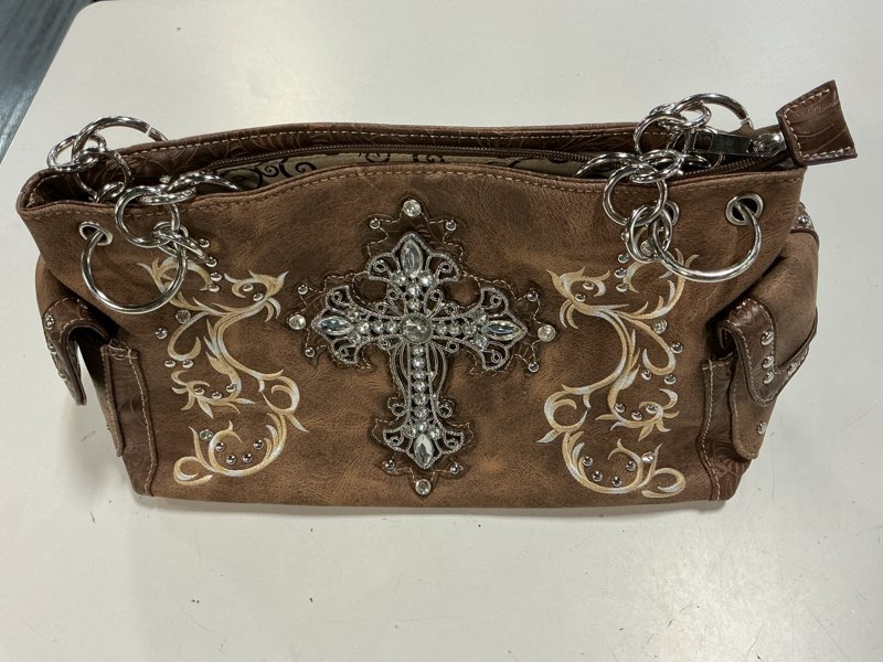 rhinestone studded large metal cross flora leather shoulder handbag