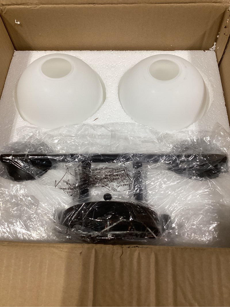 Condition photo showing Good Condition for Emak Black Vanity Lights for Mirror, Modern Farmhouse 2-Light Bathroom Light Fixtures Globe Bathroom Vanity Light with Milk Glass Shade, VL114-BK-ML-2 Black & Milk Glass 2 Light