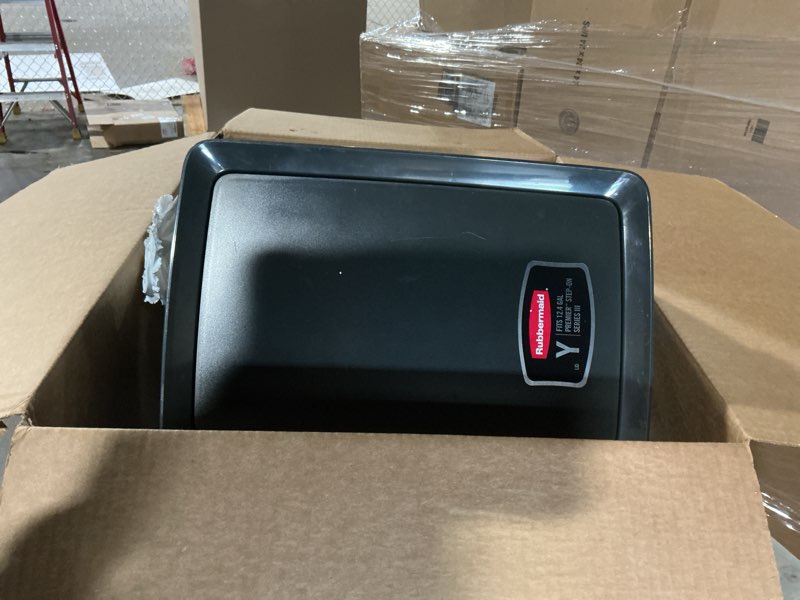 Condition photo showing Good Condition for rubbermaid premier series iii step-on trash can for home and kitchen, with stainless steel rim, 12.4 gallon, charcoal, for home/kitchen/garage/apartment/office metal rim, resin lid