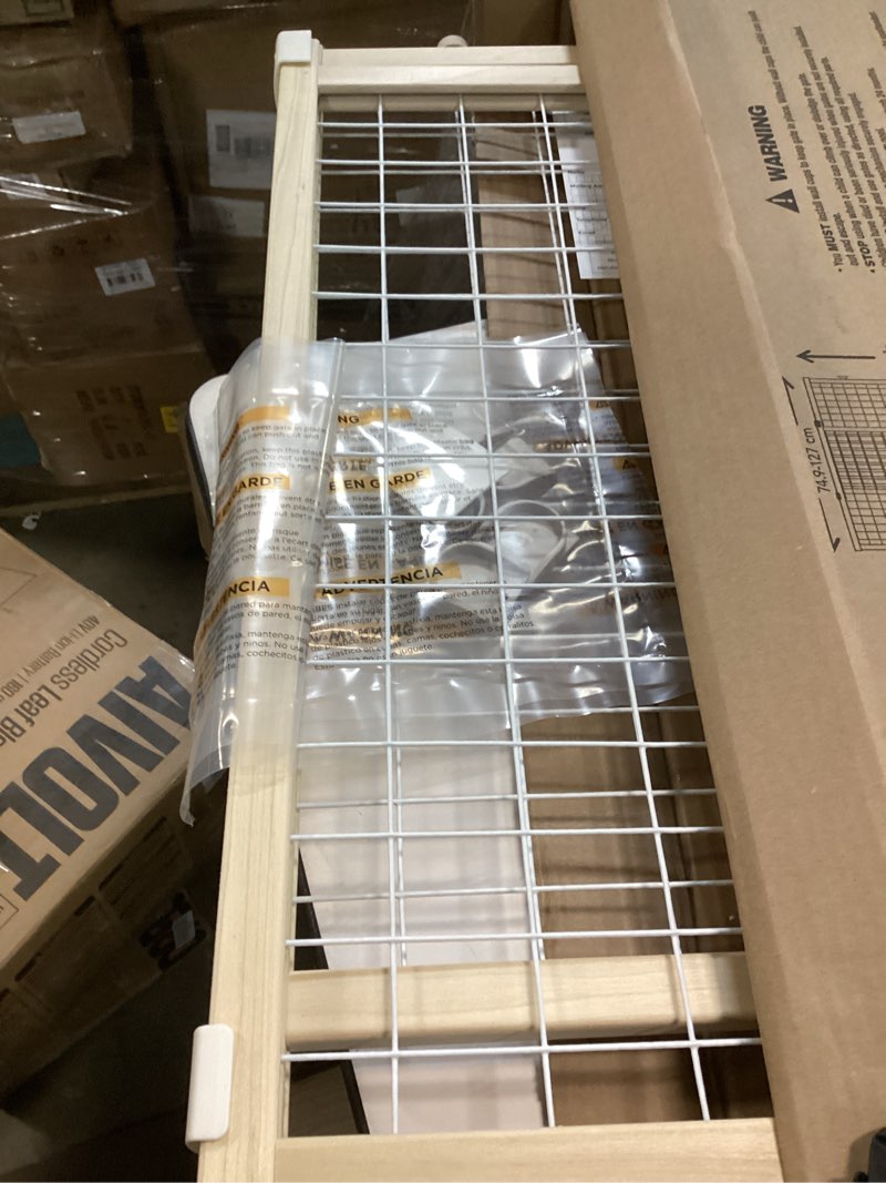 Condition photo showing As Is for Toddleroo by North States - Extra-Wide Wire Mesh Wooden Baby Gate: Pressure Mounted Baby Gate for Doorways - Adjustable 29.5 to 50 Inches Wide - 31 Inches Tall