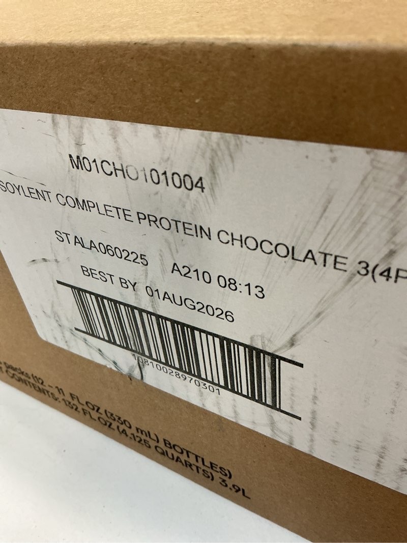Condition photo showing New/Like New for BBD: Aug 2026- Soylent Complete Protein Shake, Chocolate, 30g Protein, Vegan, Dairy Free and 0g Sugar, Ready to Drink Protein Drinks, 11oz (12 Pack)