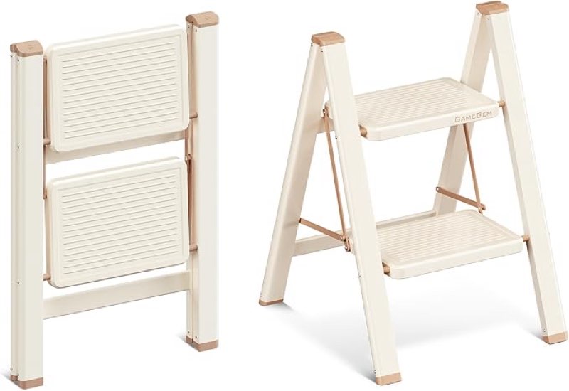 2 step ladder, 2 step stool for adults, folding step ladder with secure footing, widened pedal, aesthetically pleasing looking, blends right into domestic rooms, cream chocolate