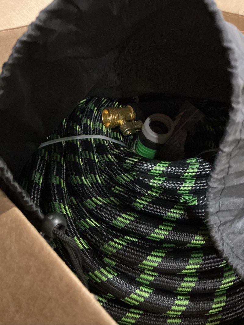 Condition photo showing As Is for (similar to )non-expandable garden hose 25 ft, heavy duty steel metal flexible water hose with 10-function spray nozzle, durable fabric skin, no kinks & leak-proof with upgraded handle 25ft