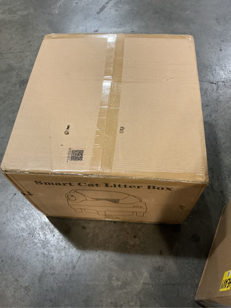 Condition photo showing New/Like New for self cleaning litter box, automatic cat litter box with app control, odor-free waste disposal includes trash bags, large waste bin, open-top, for multiple cats
