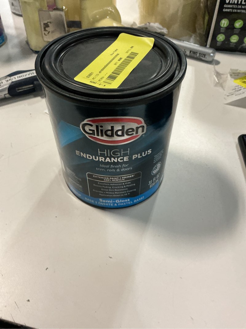 Condition photo showing As Is for glidden hep exterior paint and all-in-one primer, tintable, semi-bright, 1 quarter.