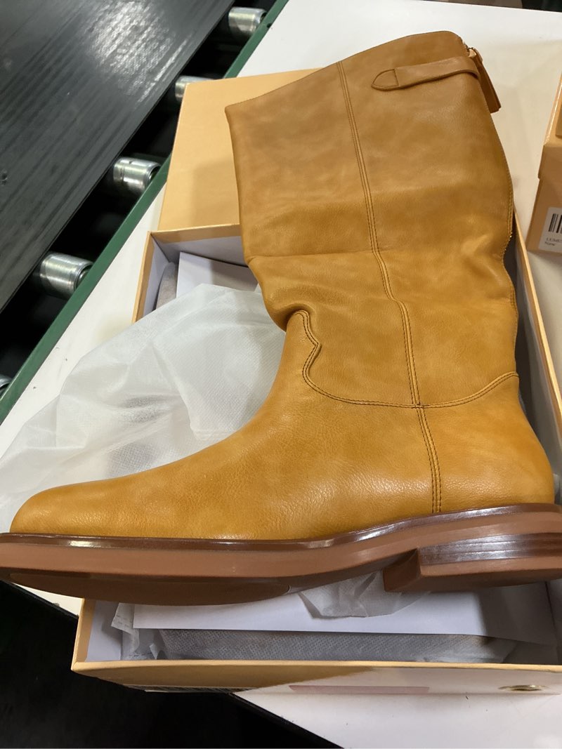 Condition photo showing New/Like New for women's knee high boots chunky heel square toe tall boots for women low heel back zipper boots 6 banana-yellow