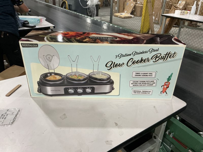 Condition photo showing New/Like New for HomeCraft Nostalgia Stainless Steel 3-Station 1.5-Quart Oval Slow Cooker Buffet, With Lid & Spoon Rest, Adjustable Heat Control, Perfect for Parties, Holidays, Families