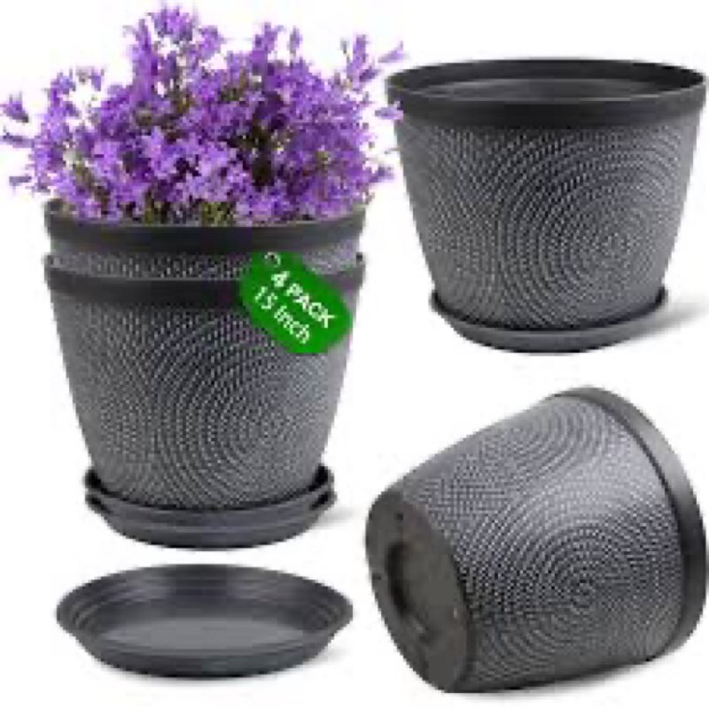 (Incomplete)Quarut 4 Pack 15 Inch Large Planter Pot for Plants Outdoor Indoor, Plastic Flower Pots with Drainage