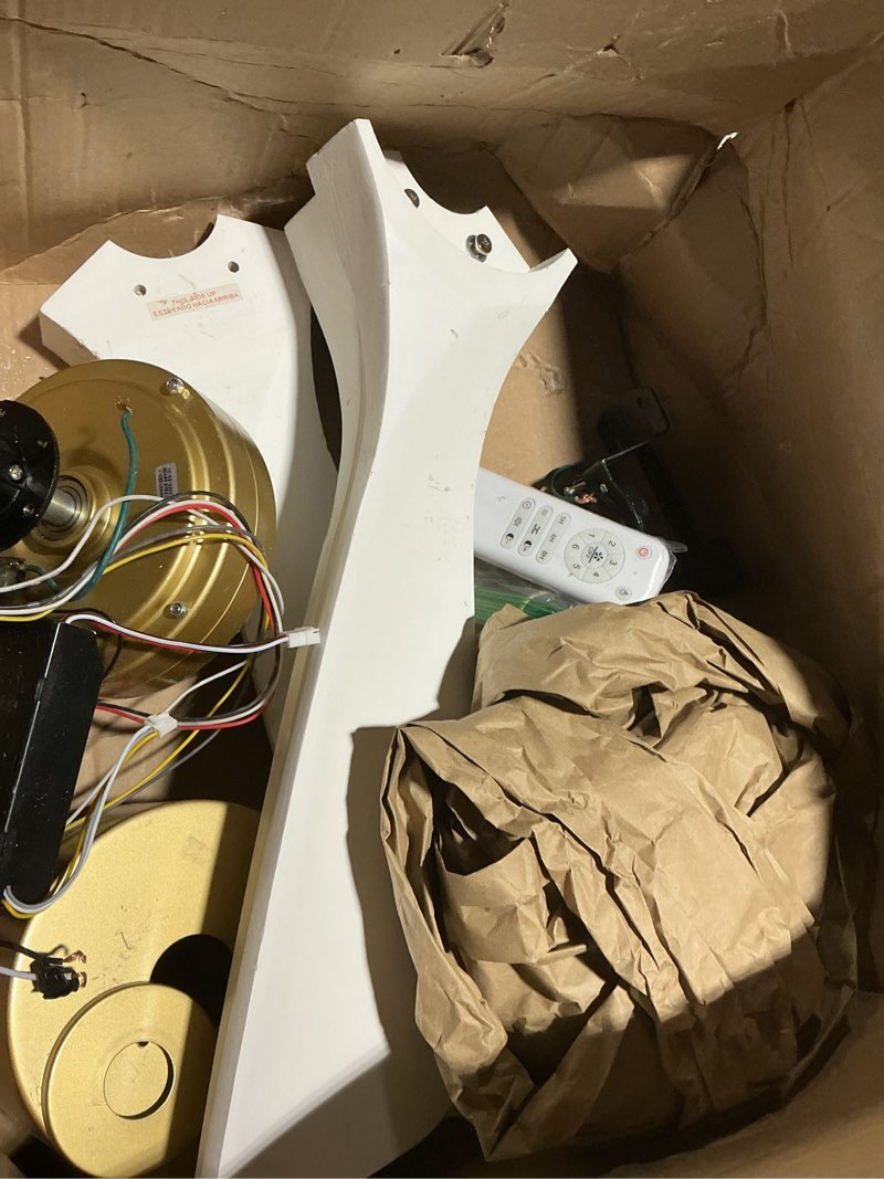 Condition photo showing As Is for 42 Inch White and Gold Ceiling Fans with Lights and Remote, 3 Solid Wood Blades, 6 Speeds, Quiet DC Motor, Dimmable LED, Modern Gold Ceiling Fan for Indoor Bedroom,Living Room,Patio Gold/White 3 Blades 42 inch